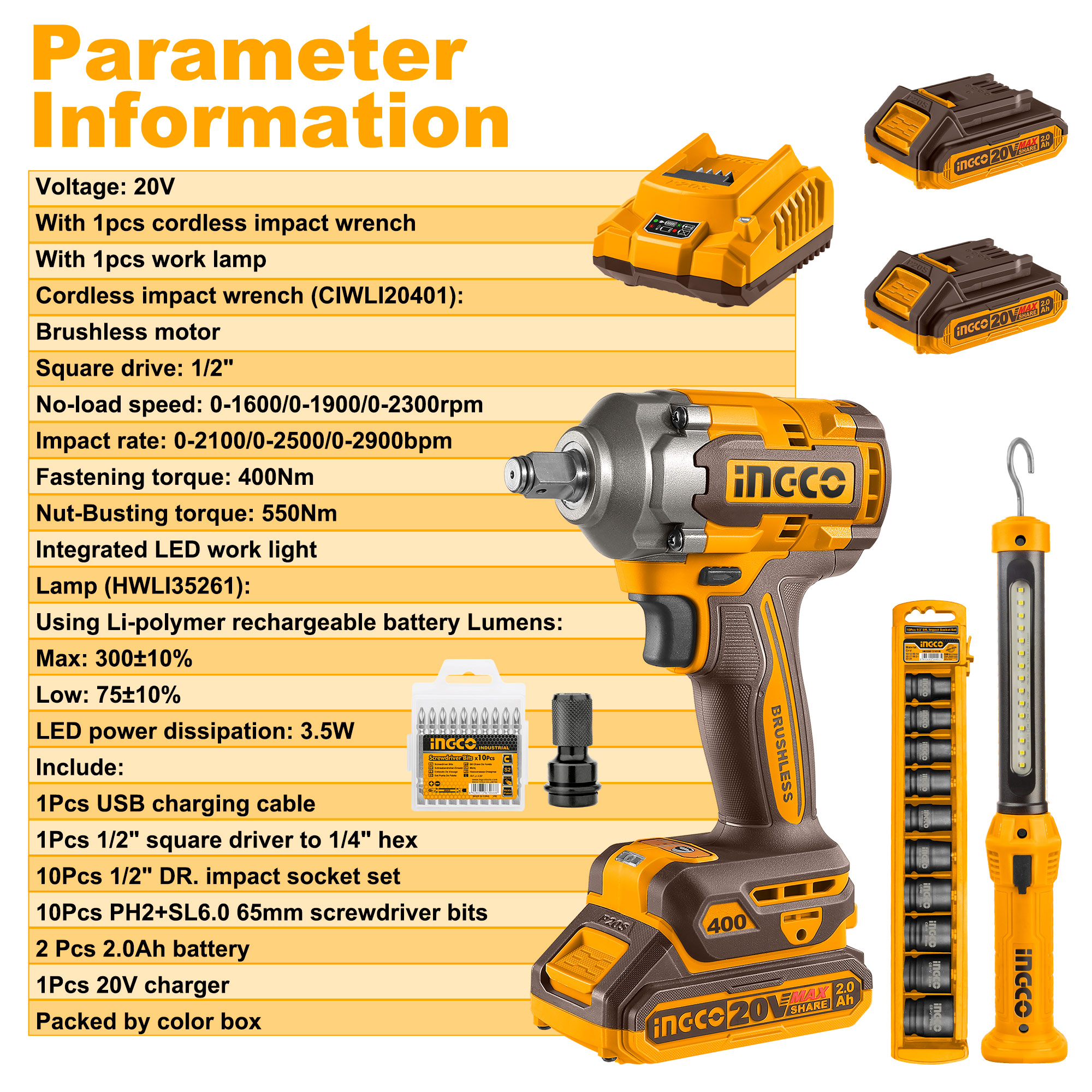 INGCO INGCO 20V Cordless 2 pcs combo kit With impact wrench and work ...